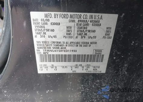 2000 Ford Excursion Xlt from USA, damaged, VIN 1FMNU41SXYED11933